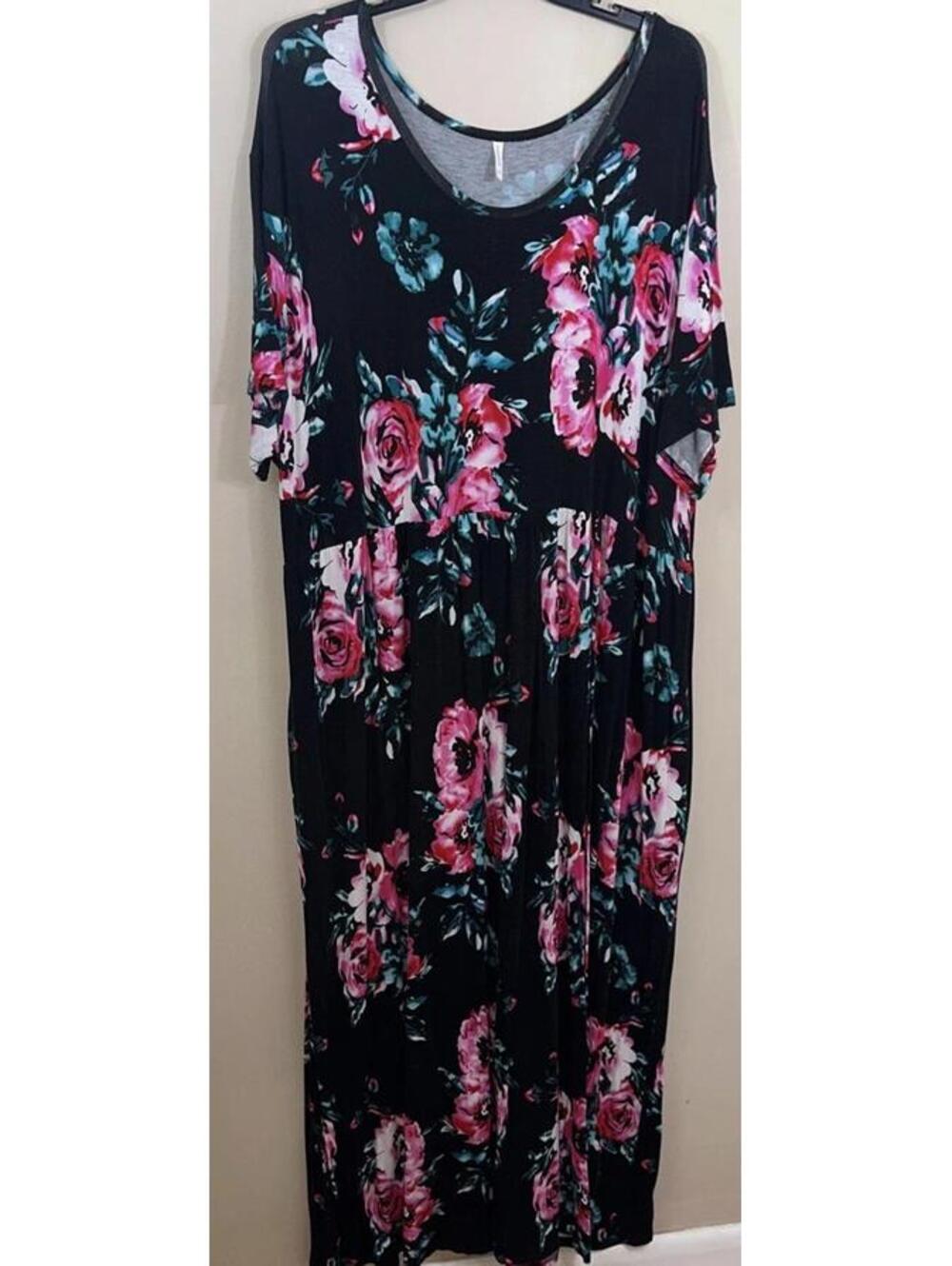 BISHUIGE Maxi Dress Women's Size 6XL Short Sleeve Casual Black With Flowers